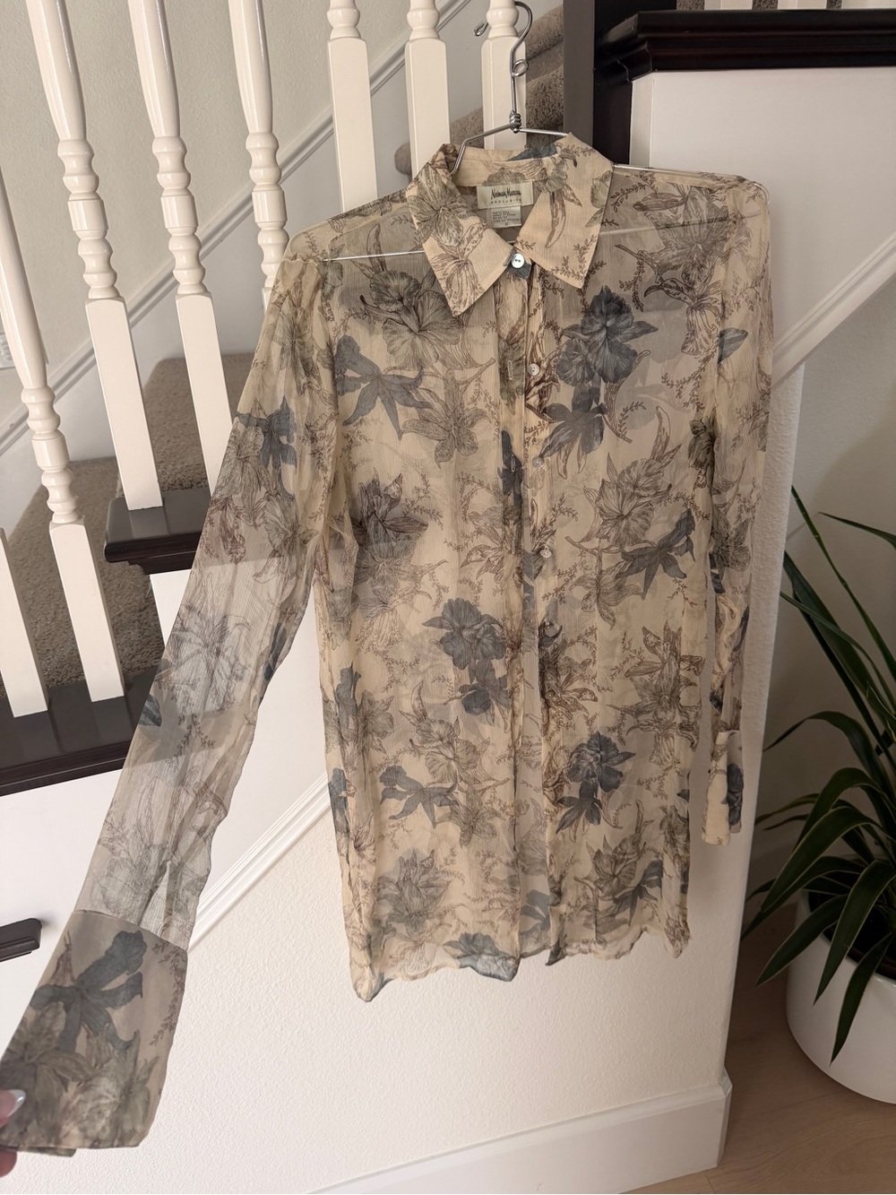 Neiman Marcus Sheer Floral Button-Down Shirt - Beige & Gray